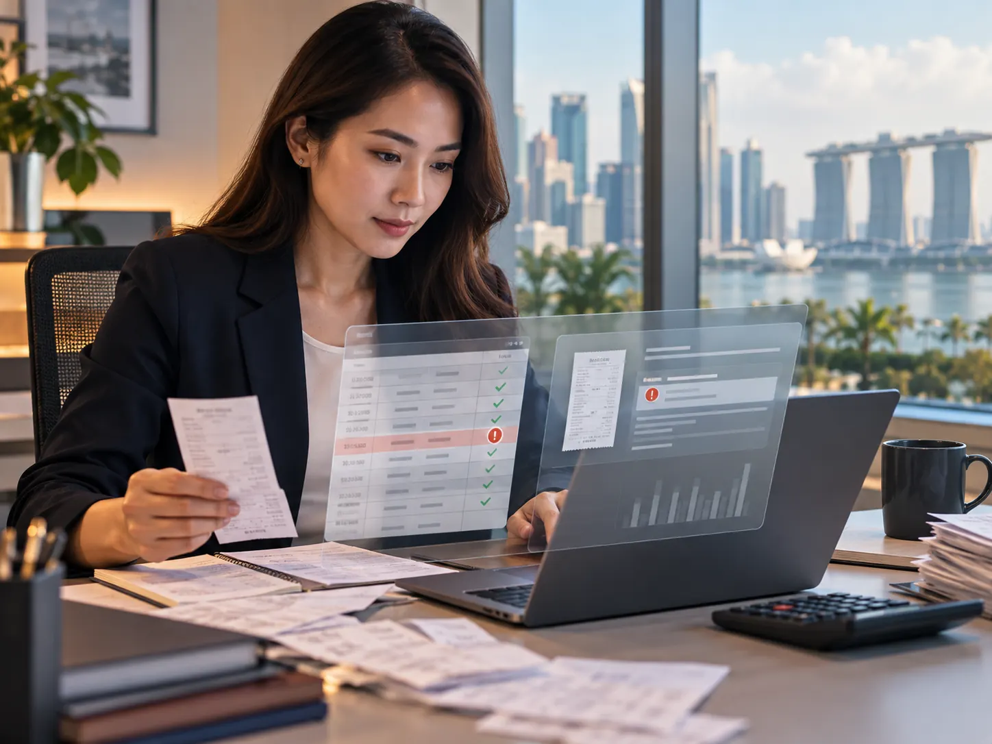 Finance professional checking receipt data and an exception