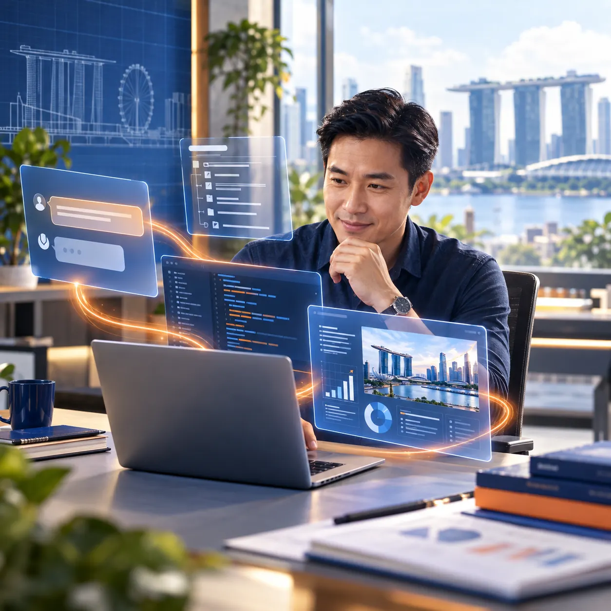 A Singaporean professional directing an AI-assisted business workflow